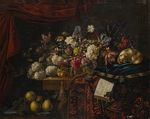 A still life of flowers set on a table with a carpet. A music book and a dog seated on a pillow [1649] by François Habert [active 1650–1699]